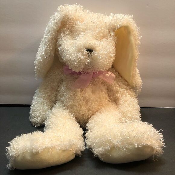 Pier 1 Imports Easter Bunny plush. Soft curly hair. Pink ribbon. EUC - Picture 1 of 5